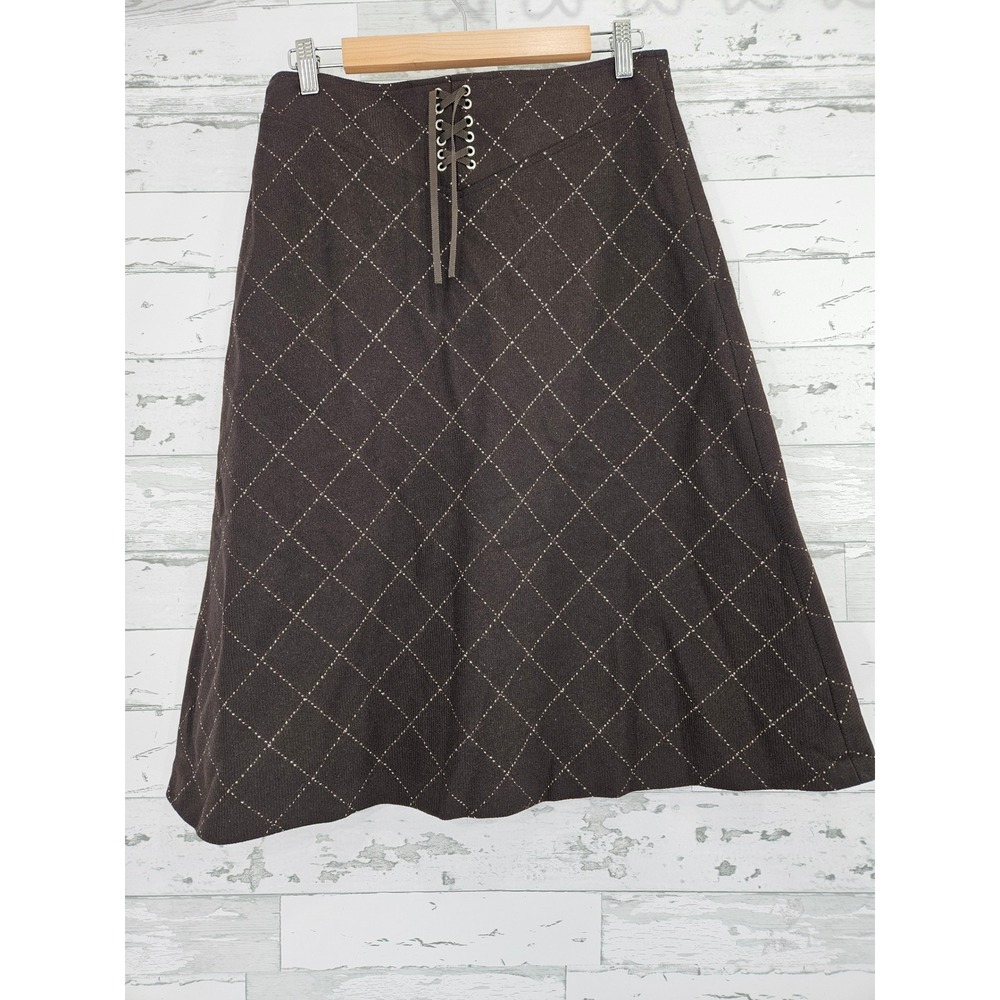 J Crew Brown Wool Diamond Grid Lace Up A-Line Skirt Size 8